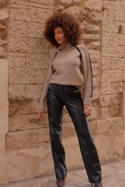 Taupe & Black Contrast High Neck Jumper -Sosandar Fashion Store e01ae743e951b80719a12b687c32cb9bd7799e32