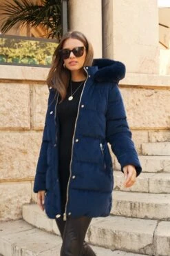 Navy Blue Luxe Velvet Padded Coat -Sosandar Fashion Store e23dc74a12669d2a9f6856c1fea62eea4b3dbe0f