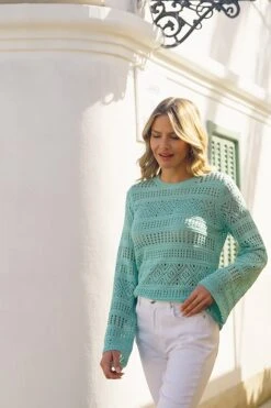 Aqua Pointelle Crochet Fine Knit Jumper -Sosandar Fashion Store e24a960a7019109a80809b781f57e9a34fcd80cf