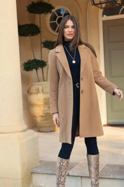 Camel Wool Mix Coat With Button Detail -Sosandar Fashion Store e4c91d16c971224fa3ef8c7c8b6675c147c1584c