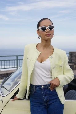 Yellow Boucle Jacket With Embellished Buttons -Sosandar Fashion Store e74a2fdbbc0be0705d7ea8b780ff195c4ba1f509