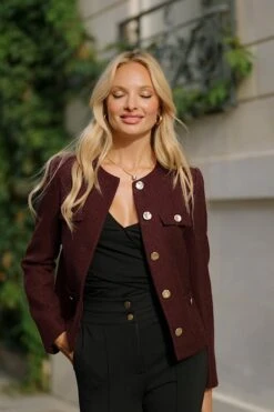 Burgundy Boucle Collarless Jacket 17 Burgundy Boucle Collarless Jacket -Sosandar Fashion Store ea76a98fe6961a06f965c1a05936a767af296894
