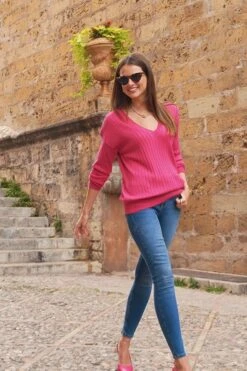 Hot Pink Wide Rib V Neck Jumper -Sosandar Fashion Store eac3316a1fd0728f84935c246ab4c264f736a80c