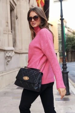 Bright Pink Chevron Roll Neck Ribbed Jumper -Sosandar Fashion Store ed644fd174ee726a9155978b03d61fdb00bbc148