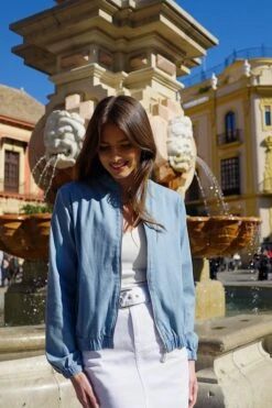 Mid Blue Denim Bomber Jacket -Sosandar Fashion Store f244b09c617553ad2142d623b6d04626e71852bc