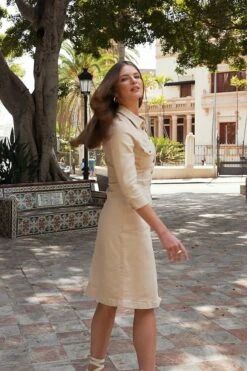 Ecru Popper Front 3/4 Sleeve Stretch Denim Dress -Sosandar Fashion Store f445e931fe18ab3532146a8b0ba903af04c0a6b7 1