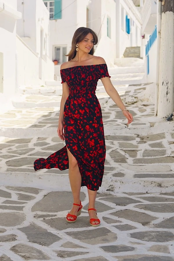 Black Floral Print Shirred Body Bardot Maxi Dress 8 Black Floral Print Shirred Body Bardot Maxi Dress - Image 6