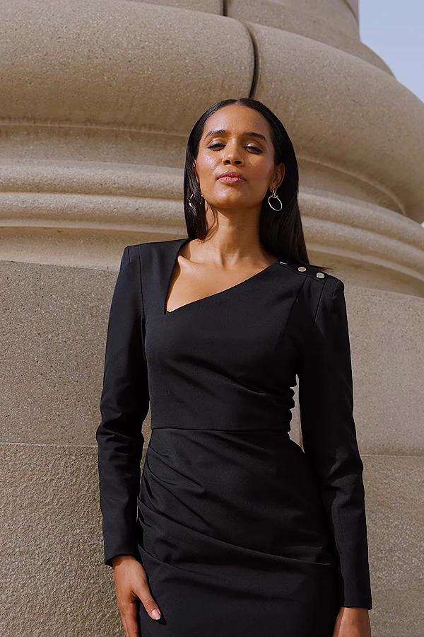 Black Asymmetric Neckline Pencil Dress With Button Detail 8 Black Asymmetric Neckline Pencil Dress With Button Detail - Image 6