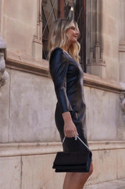 Black Gathered Sleeve Faux Leather Dress -Sosandar Fashion Store f858acfb022753f3c0715c8b007e0293f5978f36