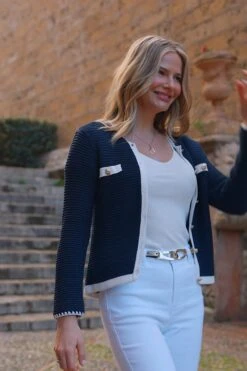 Navy Blue & White Contrast Trim Cardigan -Sosandar Fashion Store f896d9eaeb5d1b5187c5cf01482bb18cb45b61e8