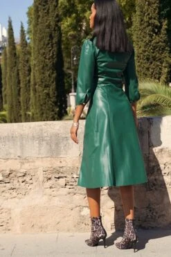 Emerald Green Zip Front Faux Leather Midi Dress -Sosandar Fashion Store f969fe9a4f9501e51d412ff7b2ad07863c9acf82
