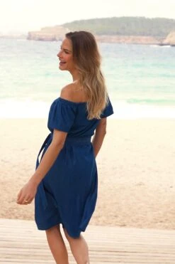 Indigo Blue Button Front Bardot Denim Dress -Sosandar Fashion Store fa4785bc75fbc6d25c65f8917b935a326716cceb