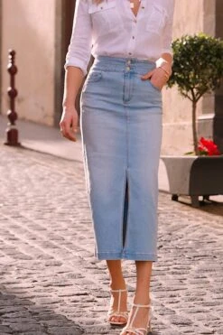 Light Wash Contour Waist Denim Midi Skirt 13 Light Wash Contour Waist Denim Midi Skirt -Sosandar Fashion Store fba4660bb11c5aad1bdcac98ba692e9d654f7d56