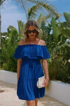 Bright Blue Frill Detail Bardot Dress -Sosandar Fashion Store fd16ad1f04342282ae6d6edffa4912dfb60b4913