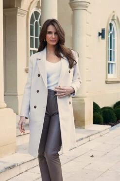 Ecru Double Breasted Coat -Sosandar Fashion Store ffe906dbf68c9a4ce2ff5f3e7b018204e273af40