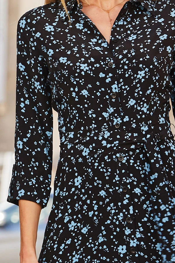 Black & Blue Ditsy Floral Print Midi Shirt Dress 6 Black & Blue Ditsy Floral Print Midi Shirt Dress - Image 4