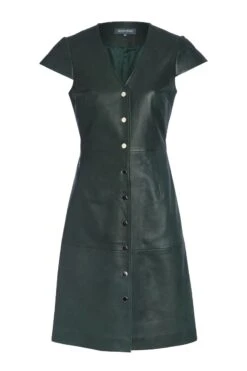 Dark Green Leather V Neck Popper Front Dress 19 Dark Green Leather V Neck Popper Front Dress -Sosandar Fashion Store greenleatherbuttonupdress