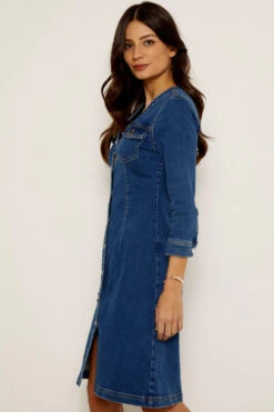 Indigo V Neck Button Front Denim Dress 10 Indigo V Neck Button Front Denim Dress -Sosandar Fashion Store indigo button