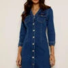 Indigo V Neck Button Front Denim Dress 2 Indigo V Neck Button Front Denim Dress -Sosandar Fashion Store indigo main