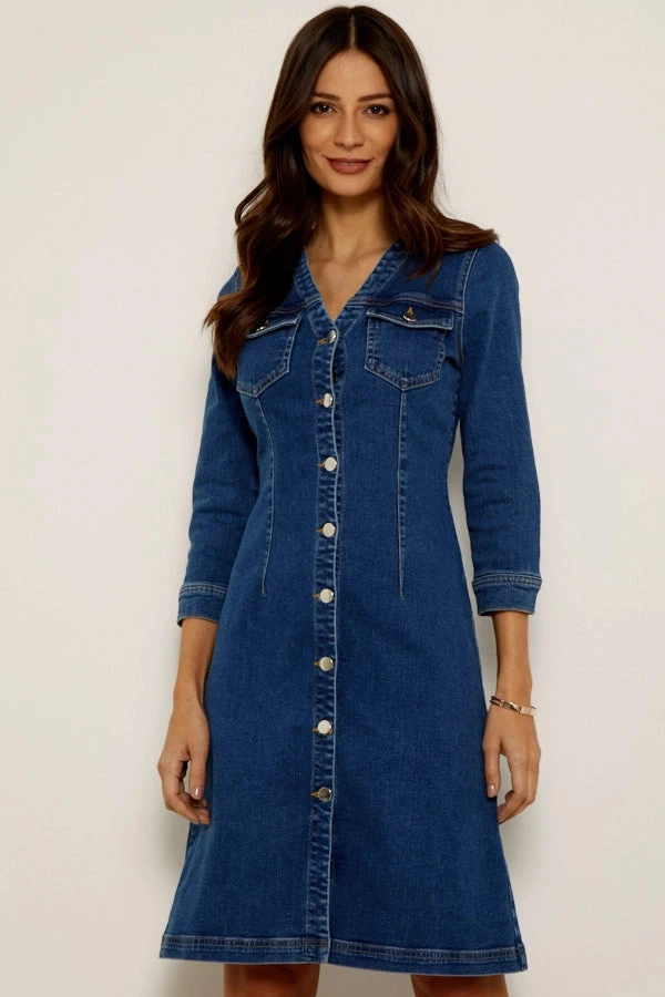 Indigo V Neck Button Front Denim Dress 3 Indigo V Neck Button Front Denim Dress