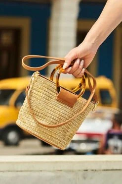 Natural Raffia Tortoiseshell Hoop Bag With Cross Body Strap -Sosandar Fashion Store natural raffia tortoiseshell hoop bag with cross body strap