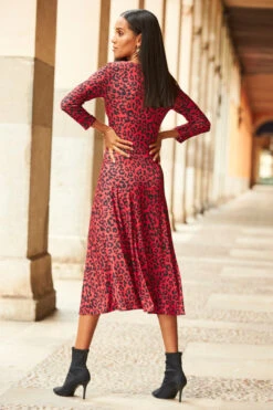Red & Black Animal Print Keyhole Detail Midi Jersey Dress -Sosandar Fashion Store rt 02 s22dj034 096