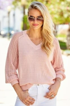 Pink Pointelle Sleeve V Neck Jumper -Sosandar Fashion Store s19 s21tk350pk a20bd095we a21ac005bn 125