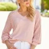 Pink Pointelle Sleeve V Neck Jumper -Sosandar Fashion Store s19 s21tk350pk a20bd095we a21ac005bn 135