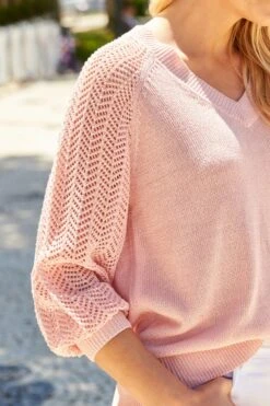 Pink Pointelle Sleeve V Neck Jumper -Sosandar Fashion Store s19 s21tk350pk a20bd095we a21ac005bn 138