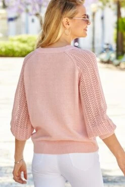 Pink Pointelle Sleeve V Neck Jumper -Sosandar Fashion Store s19 s21tk350pk a20bd095we a21ac005bn 157