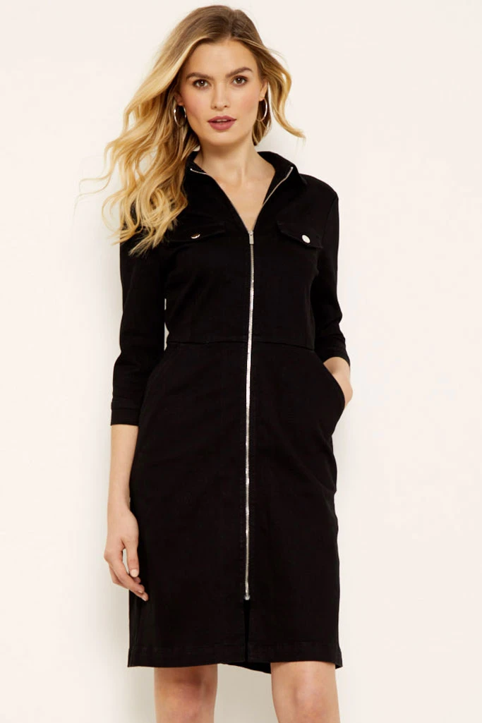 Black Zip Front Denim Dress With Pockets 4 Black Zip Front Denim Dress With Pockets - Image 2
