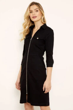 Black Zip Front Denim Dress With Pockets 10 Black Zip Front Denim Dress With Pockets -Sosandar Fashion Store s19ds764 3 crop v2