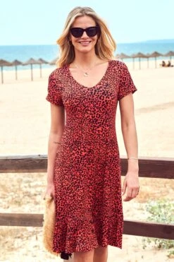Coral & Black Leopard Print Relaxed Fit Jersey Dress
