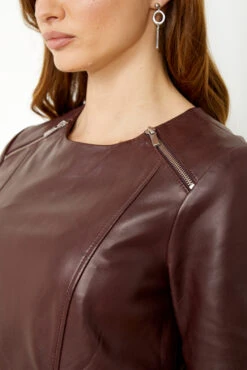 Burgundy Leather Zip Detail Shift Dress -Sosandar Fashion Store s20dl010 17