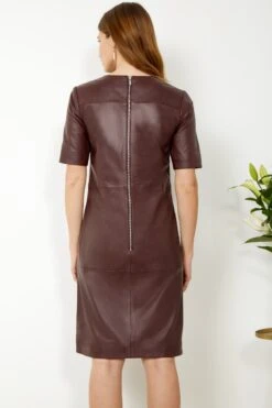 Burgundy Leather Zip Detail Shift Dress -Sosandar Fashion Store s20dl010 19 1