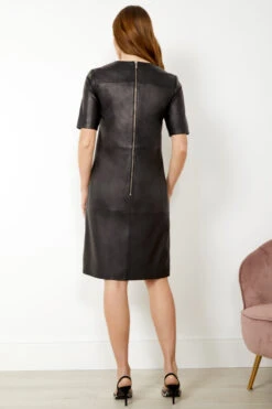 Black Leather Zip Detail Shift Dress -Sosandar Fashion Store s20dl010bk001 13 1 1