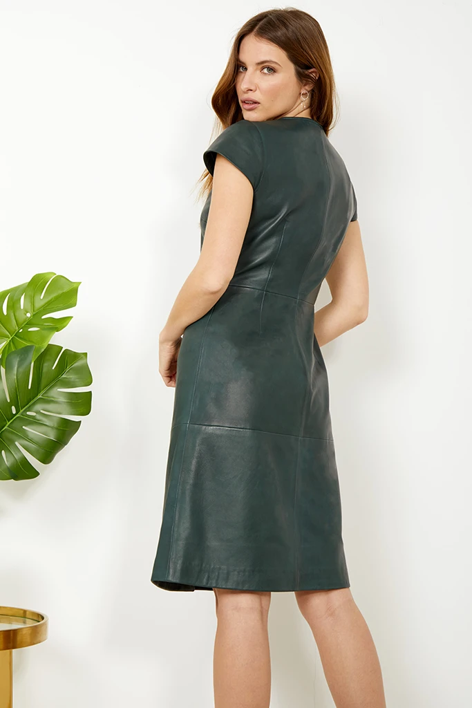 Dark Green Leather V Neck Popper Front Dress 9 Dark Green Leather V Neck Popper Front Dress - Image 7