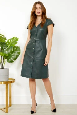Dark Green Leather V Neck Popper Front Dress 16 Dark Green Leather V Neck Popper Front Dress -Sosandar Fashion Store s20dl01gn 1