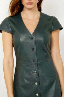 Dark Green Leather V Neck Popper Front Dress 15 Dark Green Leather V Neck Popper Front Dress -Sosandar Fashion Store s20dl01gn 1 14