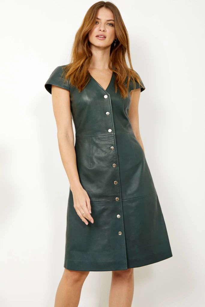 Dark Green Leather V Neck Popper Front Dress 4 Dark Green Leather V Neck Popper Front Dress - Image 2