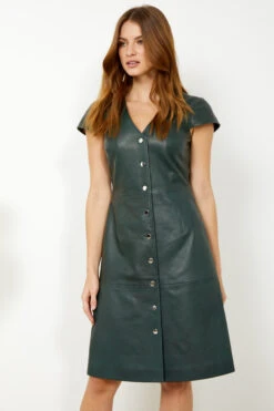 Dark Green Leather V Neck Popper Front Dress 14 Dark Green Leather V Neck Popper Front Dress -Sosandar Fashion Store s20dl01gn 1 7