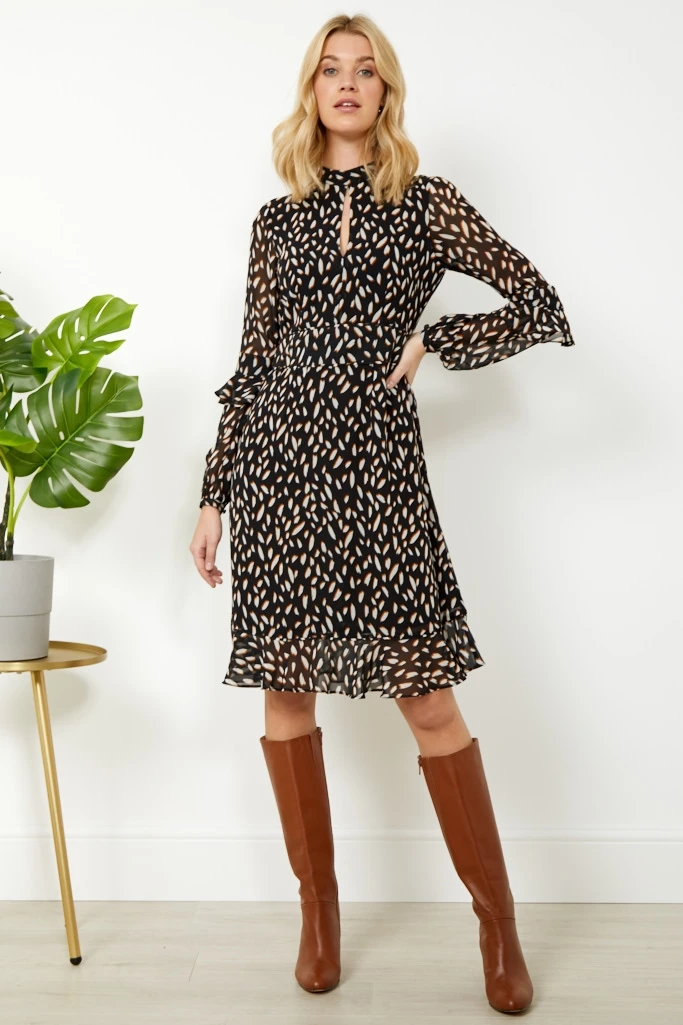 Black Fleck Print Fit & Flare Ruffle Dress 3 Black Fleck Print Fit & Flare Ruffle Dress