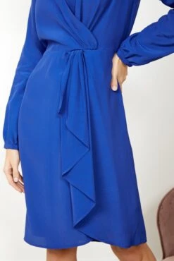 Blue Ruffle Detail Faux Wrap Dress -Sosandar Fashion Store s20dw161be0001 15