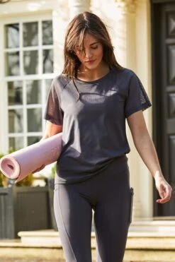 Charcoal Grey Mesh Sleeve Breathe Activewear T Shirt -Sosandar Fashion Store s21aw008gy0001 2