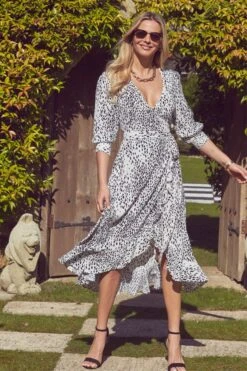 White & Black Animal Print Ruffle Hem Midi Wrap Dress 13 White & Black Animal Print Ruffle Hem Midi Wrap Dress -Sosandar Fashion Store s21dw113pt0006 5