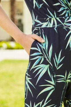 Navy Blue Palm Print Tie Waist Jersey Jumpsuit -Sosandar Fashion Store s24 s21jj021 239