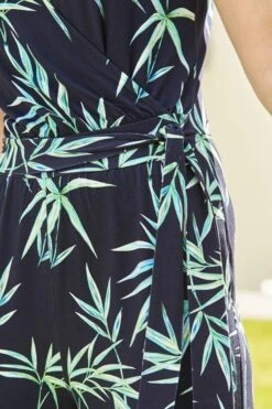 Navy Blue Palm Print Tie Waist Jersey Jumpsuit -Sosandar Fashion Store s24 s21jj021 245