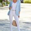 Powder Blue Ruched Sleeve Linen Blend Blazer -Sosandar Fashion Store s27 s20ow006be s21dw162we s21dd024be 047 2