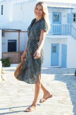 Khaki Green Animal Print Belted Shirt Dress -Sosandar Fashion Store s2 s21dw211 1133 1