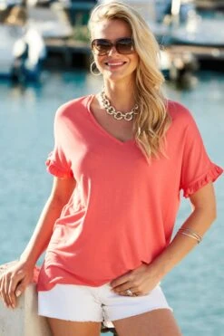 Coral Pink Ruffle Sleeve T-Shirt -Sosandar Fashion Store s30 s21tj175 ss19dm20dm s21fw040bn 022 h 1
